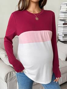SHEIN 孕婦哺乳色塊圓領長袖休閒T恤 秋季 - 彩色 - 查看 7