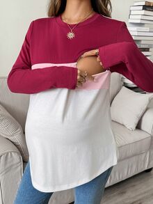 SHEIN 孕婦哺乳色塊圓領長袖休閒T恤 秋季 - 彩色 - 查看 2