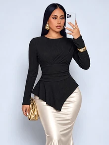 SOLERSUN Women's Crew Neck Wrap Ruched Waist Flare Long Sleeve Asymmetrical Hem TopDaily Leisure And Parties - Black - View 6