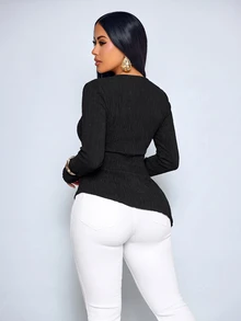 SOLERSUN Women's Crew Neck Wrap Ruched Waist Flare Long Sleeve Asymmetrical Hem TopDaily Leisure And Parties - Black - View 3