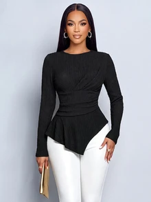 SOLERSUN Women's Crew Neck Wrap Ruched Waist Flare Long Sleeve Asymmetrical Hem TopDaily Leisure And Parties - Black - View 5