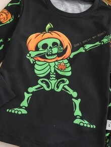 SHEIN 男童修身卡通拼色南瓜幽靈萬聖節圖案休閒極簡長袖圓領居家褲 - 彩色 - 查看 5