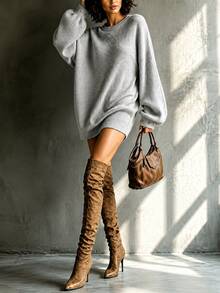 LUMIGAL Women's Solid Color Drop Shoulder Long Sleeve Casual/Daily/Vacation Dress, Autumn/Winter - Grey - View 6