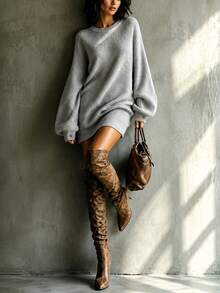 LUMIGAL Women's Solid Color Drop Shoulder Long Sleeve Casual/Daily/Vacation Dress, Autumn/Winter - Grey - View 3