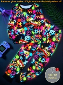 青少年男孩秋冬款 UV 光感螢光發光 熱銷酷炫 67 號遊戲機組合圖案 全身印花 修身貼身 高彈力 圓領長袖長褲 2 件套居家服，修身顯瘦款，建議加碼買大一號，1 套 - 黑色 - 查看 7