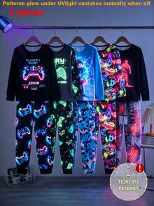 青少年男孩秋冬款 UV 光感螢光發光 熱銷酷炫 67 號遊戲機組合圖案 全身印花 修身貼身 高彈力 圓領長袖長褲 2 件套居家服，修身顯瘦款，建議加碼買大一號，1 套 - 黑色 - 查看 2