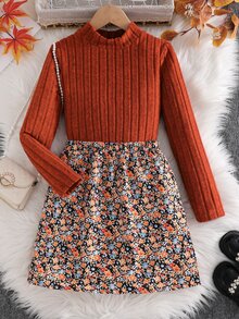 SHEIN 2件組女童長袖T恤與格紋裙套裝，適合外出、街頭穿搭、返校、校園穿著 - 彩色 - 查看 5