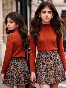 SHEIN 2件組女童長袖T恤與格紋裙套裝，適合外出、街頭穿搭、返校、校園穿著 - 彩色 - 查看 1