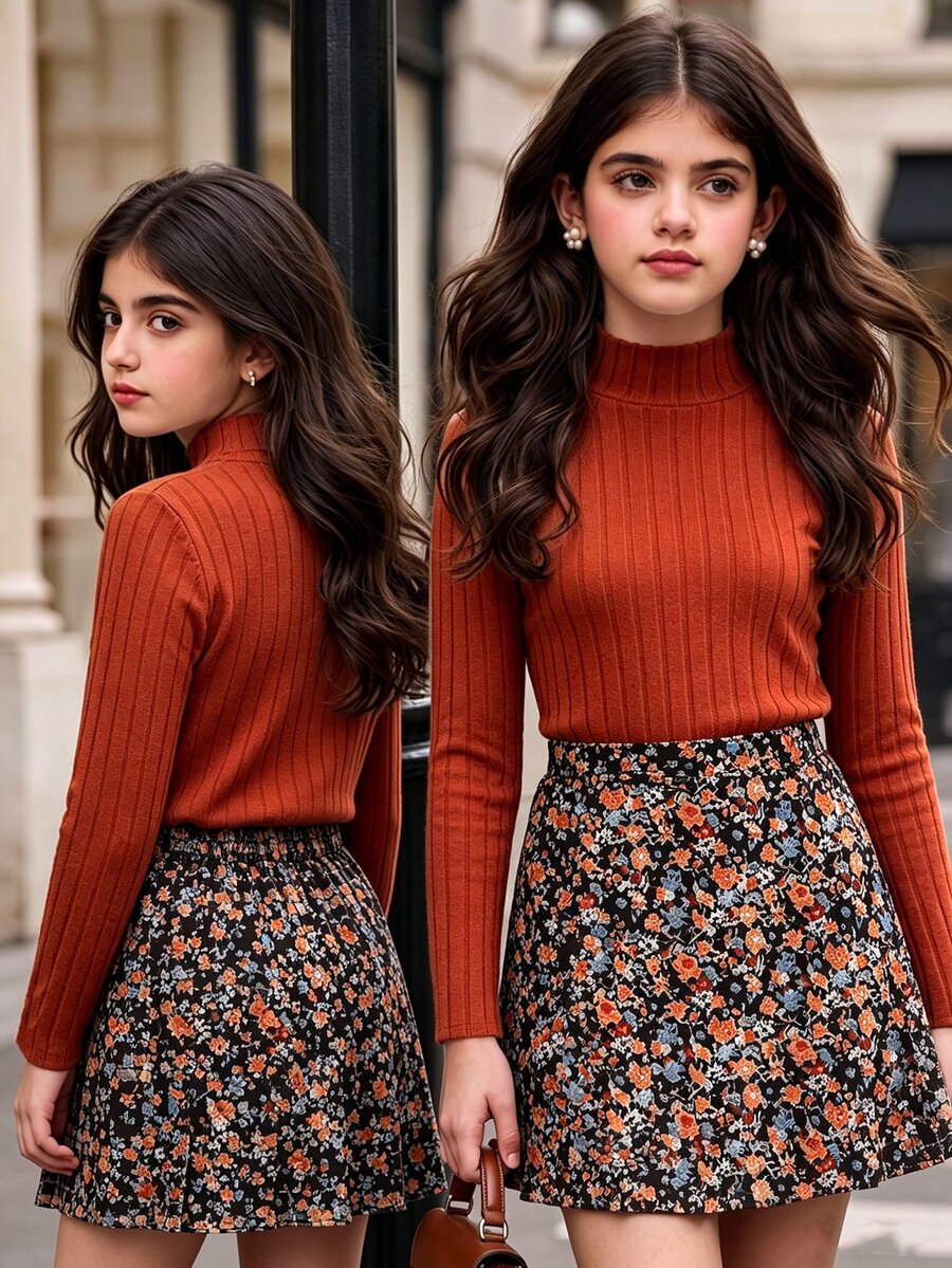 SHEIN 2件組女童長袖T恤與格紋裙套裝,適合外出、街頭穿搭、返校、校園穿著 - 彩色 - 查看 1