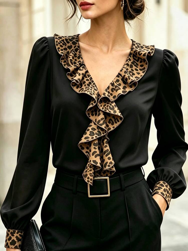 SHEIN Women's Elegant Sexy Black And White Leopard Print Ruffled Long-Sleeve Fashion Shirt Suitable For Evening Parties Dinner Office Fall Outfits - Multicolor - View 1