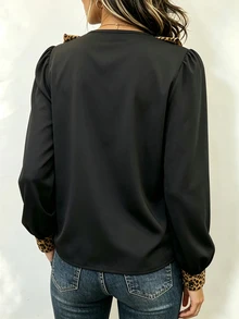 SHEIN 女款優雅性感黑白豹紋荷葉邊長袖時尚襯衫，適合晚宴、晚餐、辦公室，秋季穿搭 - 彩色 - 查看 2