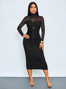 SOLERSUN Gaun Midi Bodycon Wanita Kerah Mock dengan Mesh Lengan Panjang Kain Kontras dan Kancing Dekoratif untuk Harian, Santai dan Pesta - Hitam - View 8