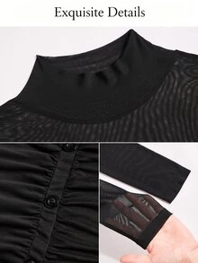 SOLERSUN Gaun Midi Bodycon Wanita Kerah Mock dengan Mesh Lengan Panjang Kain Kontras dan Kancing Dekoratif untuk Harian, Santai dan Pesta - Hitam - View 10
