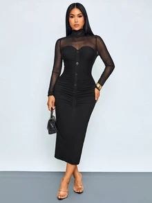 SOLERSUN Gaun Midi Bodycon Wanita Kerah Mock dengan Mesh Lengan Panjang Kain Kontras dan Kancing Dekoratif untuk Harian, Santai dan Pesta - Hitam - View 7