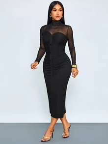 SOLERSUN Gaun Midi Bodycon Wanita Kerah Mock dengan Mesh Lengan Panjang Kain Kontras dan Kancing Dekoratif untuk Harian, Santai dan Pesta - Hitam - View 5
