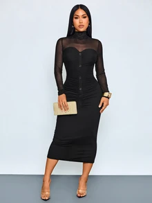 SOLERSUN Gaun Midi Bodycon Wanita Kerah Mock dengan Mesh Lengan Panjang Kain Kontras dan Kancing Dekoratif untuk Harian, Santai dan Pesta - Hitam - View 4