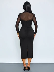 SOLERSUN Gaun Midi Bodycon Wanita Kerah Mock dengan Mesh Lengan Panjang Kain Kontras dan Kancing Dekoratif untuk Harian, Santai dan Pesta - Hitam - View 3
