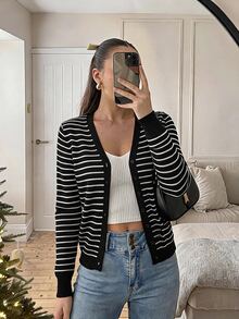 Easowa Casual Black & White Striped Knit Cardigan Suitable For Autumn/Winter - Black and White - View 10