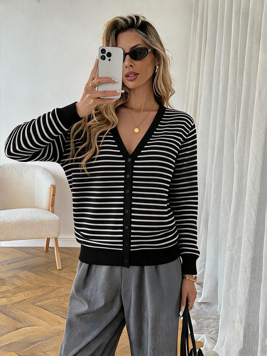 Easowa Casual Black & White Striped Knit Cardigan Suitable For Autumn/Winter - Black and White - View 1