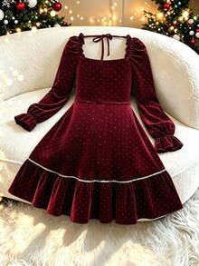 GlowEve CURVE Women's Plus Size Elegant Square Neck Ruffle Hem Dress Christmas - Burgundy - View 2