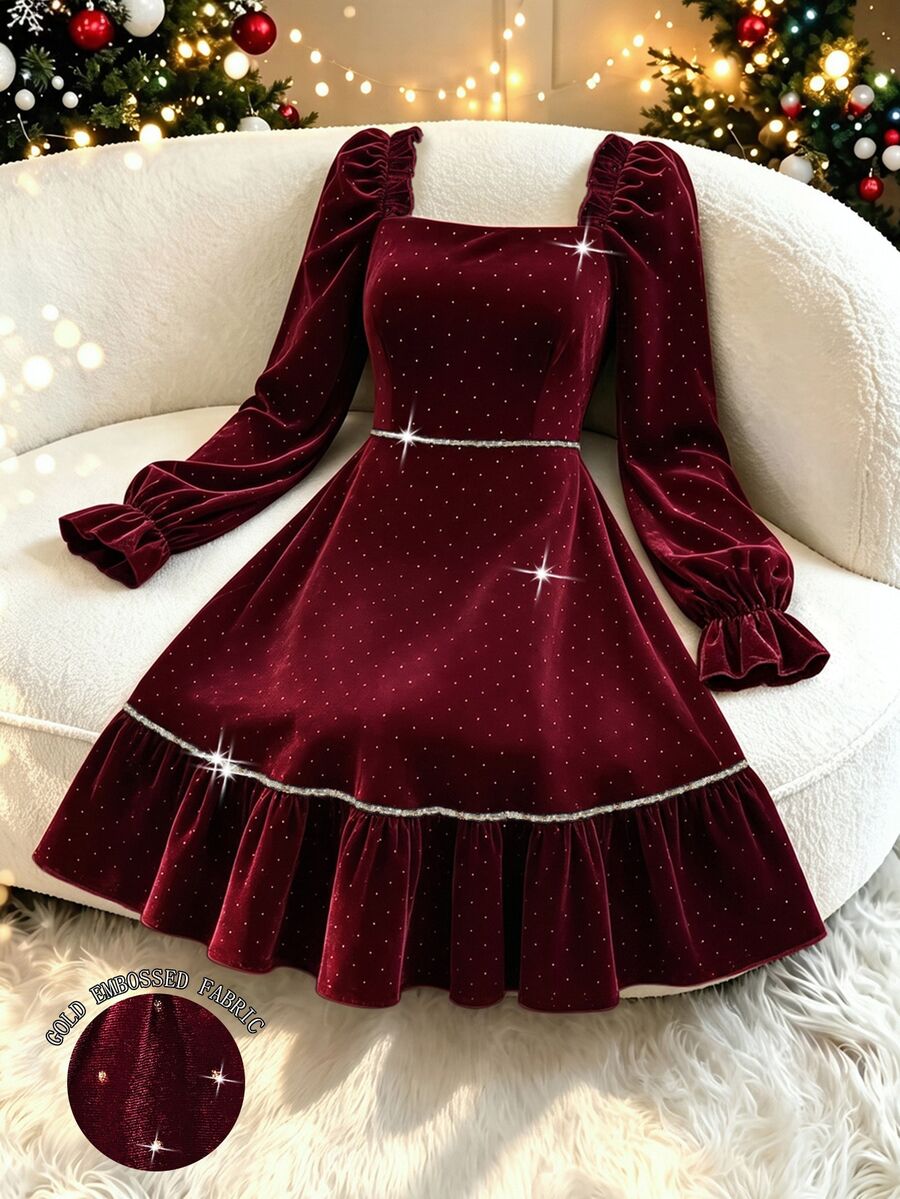 GlowEve CURVE Women's Plus Size Elegant Square Neck Ruffle Hem Dress Christmas - Burgundy - View 1
