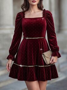 GlowEve CURVE Women's Plus Size Elegant Square Neck Ruffle Hem Dress Christmas - Burgundy - View 3
