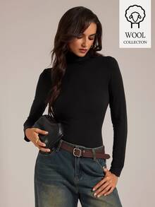 SHEIN Tall Tall-Fit, Modest-Style Women's Elegant Black Slim-Fit Long-Sleeve Turtleneck T-Shirt. - Black - View 5