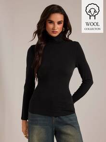 SHEIN Tall Tall-Fit, Modest-Style Women's Elegant Black Slim-Fit Long-Sleeve Turtleneck T-Shirt. - Black - View 8