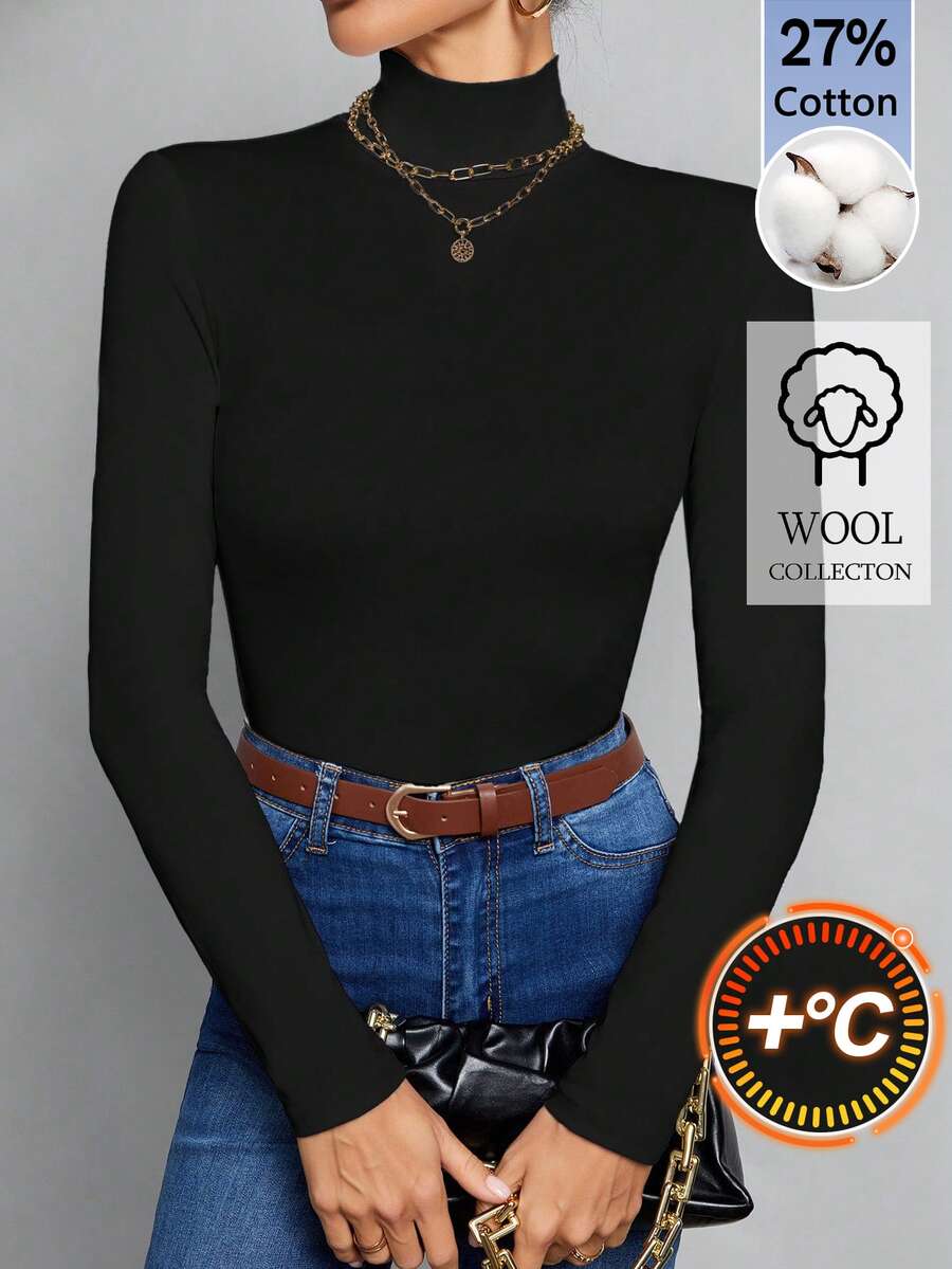 SHEIN Tall Tall-Fit, Modest-Style Women's Elegant Black Slim-Fit Long-Sleeve Turtleneck T-Shirt. - Black - View 1