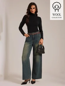 SHEIN Tall Tall-Fit, Modest-Style Women's Elegant Black Slim-Fit Long-Sleeve Turtleneck T-Shirt. - Black - View 3