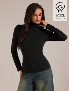 SHEIN Tall Tall-Fit, Modest-Style Women's Elegant Black Slim-Fit Long-Sleeve Turtleneck T-Shirt. - Black - View 9