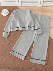 Grey Snowflake Bow Casual Tween Girls Sweater Set - Grey - View 2