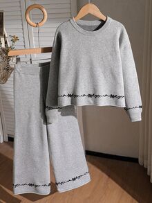 Grey Snowflake Bow Casual Tween Girls Sweater Set - Grey - View 1