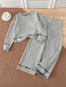 Grey Snowflake Bow Casual Tween Girls Sweater Set - Grey - View 6