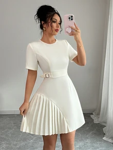 Elenzga 春夏新款杏色圆领短袖腰部收褶下摆优雅女式连衣裙 - 杏色 - 查看 3