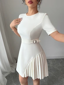 Elenzga 春夏新款杏色圆领短袖腰部收褶下摆优雅女式连衣裙 - 杏色 - 查看 5