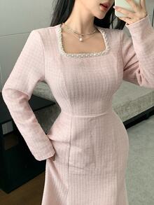 Modelyn 優雅浪漫方領珍珠裝飾長袖修身魚尾禮服,適合婚禮、茶會、約會,淺粉色,秋季款 - 粉色 - 查看 8