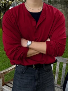 DAZY Men's Long Sleeve Burgundy Crew Neck Half-Placket Solid Color T-Shirt Fall - Burgundy - View 3