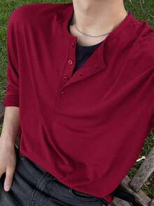 DAZY Men's Long Sleeve Burgundy Crew Neck Half-Placket Solid Color T-Shirt Fall - Burgundy - View 7