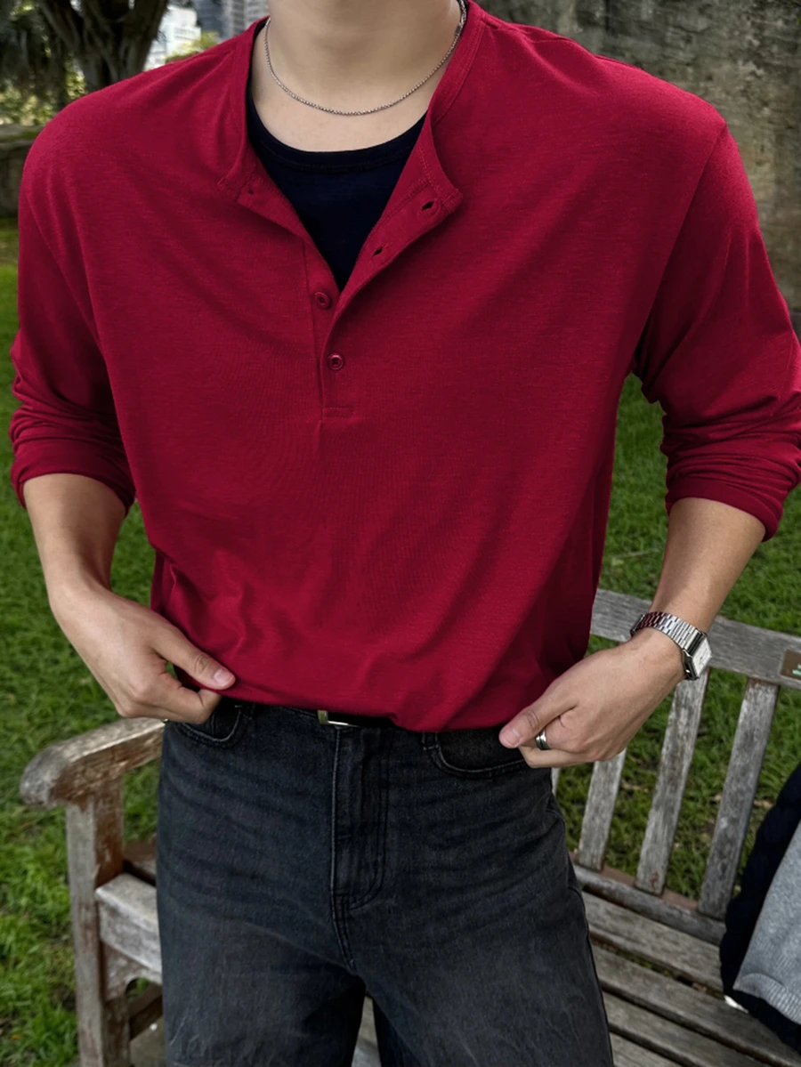 DAZY Men's Long Sleeve Burgundy Crew Neck Half-Placket Solid Color T-Shirt Fall - Burgundy - View 1