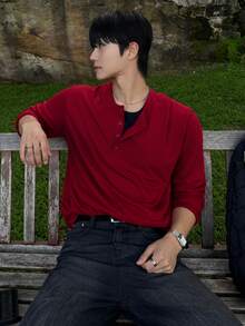 DAZY Men's Long Sleeve Burgundy Crew Neck Half-Placket Solid Color T-Shirt Fall - Burgundy - View 2