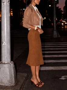 Zerodot Women Suede Midi Skirt Casual Daily Fall Pre Fall - Brown - View 3