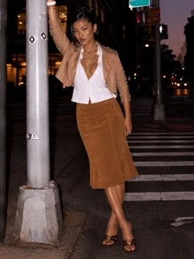 Zerodot Women Suede Midi Skirt Casual Daily Fall Pre Fall - Brown - View 8