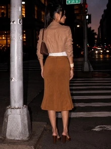 Zerodot Women Suede Midi Skirt Casual Daily Fall Pre Fall - Brown - View 2