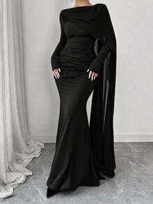 Elenzga Elegant Plus Size Women's Velvet Dress With Ribbon Design And Fishtail Hem - Black - View 6