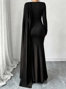 Elenzga Elegant Plus Size Women's Velvet Dress With Ribbon Design And Fishtail Hem - Black - View 2