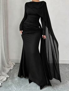 Elenzga Elegant Plus Size Women's Velvet Dress With Ribbon Design And Fishtail Hem - Black - View 3