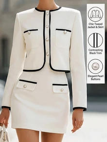 SHEIN Women's Elegant Faux Pearl Button Long Sleeve Jacket And Striped Color Block Bodycon Skirt Set For Office And Daily Wear - White - View 4
