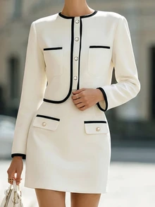 SHEIN Women's Elegant Faux Pearl Button Long Sleeve Jacket And Striped Color Block Bodycon Skirt Set For Office And Daily Wear - White - View 6