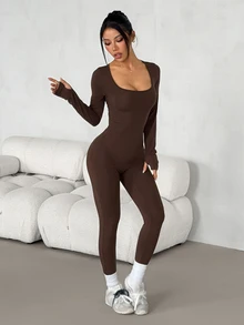 SHEIN PETITE Women's Solid Color Square Neck Long Sleeve Casual Jumpsuit - Coffee Brown - View 7